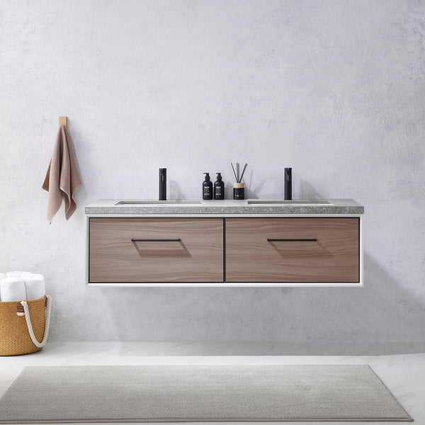 Caparroso 60 Double Sink Bath Vanity in Light Walnut with Grey Sintered Stone Top