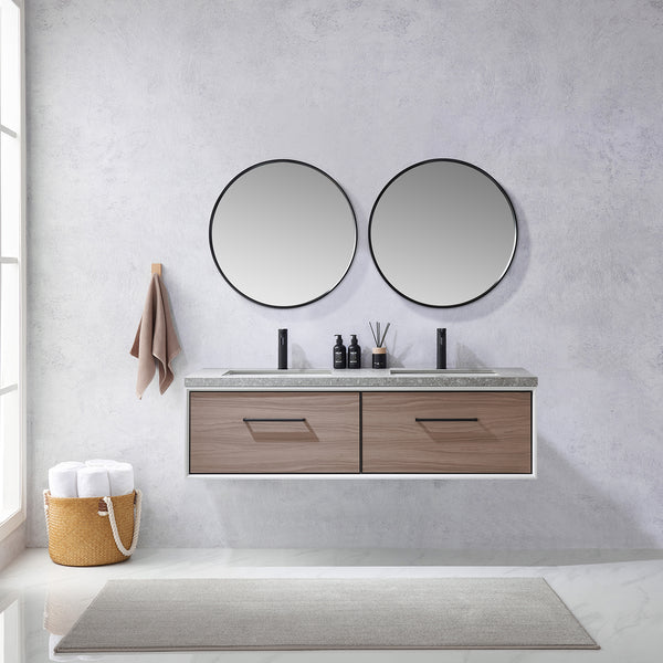 Caparroso 60 Double Sink Bath Vanity in Light Walnut with Grey Sintered Stone Top and Mirror
