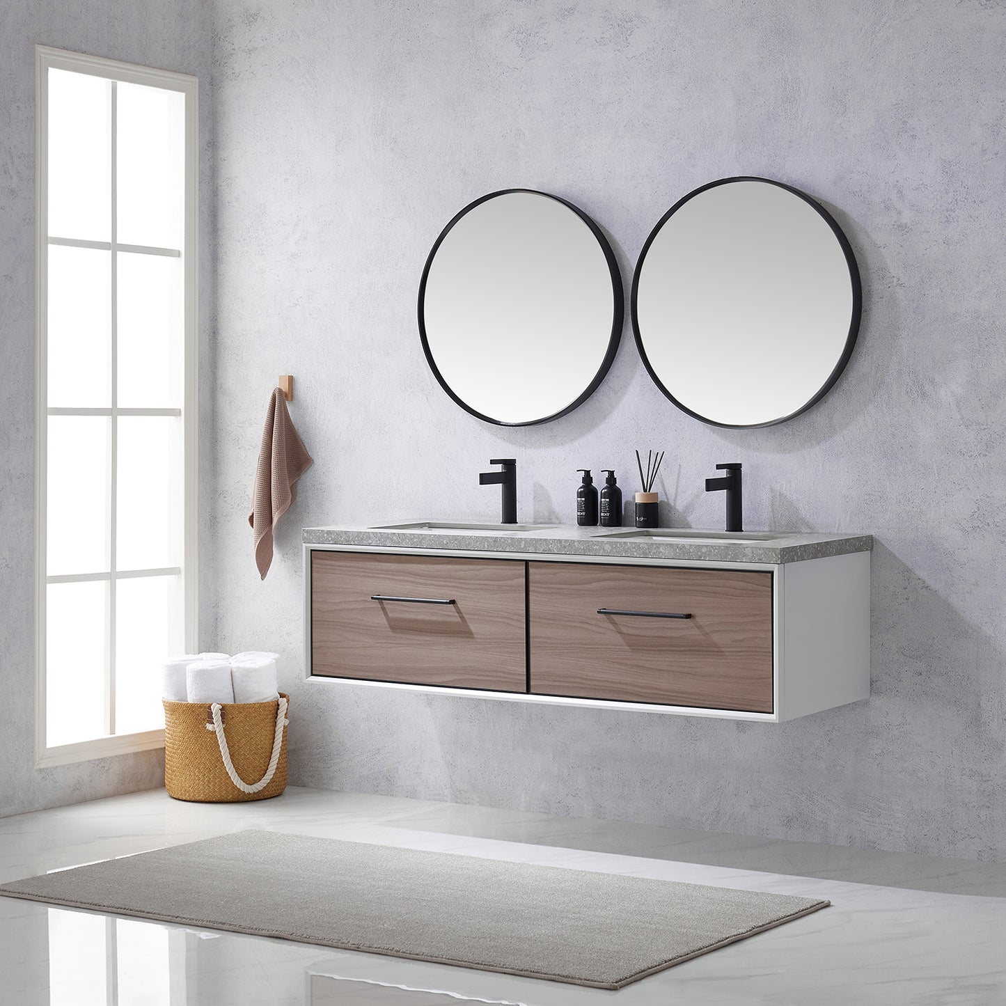 Caparroso 60" Double Sink Bath Vanity in Light Walnut with Grey Sintered Stone Top and Mirror