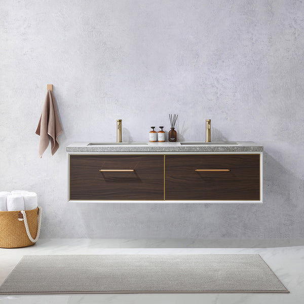 Caparroso 60 Double Sink Bath Vanity in Dark Walnut  with Grey Sintered Stone Top