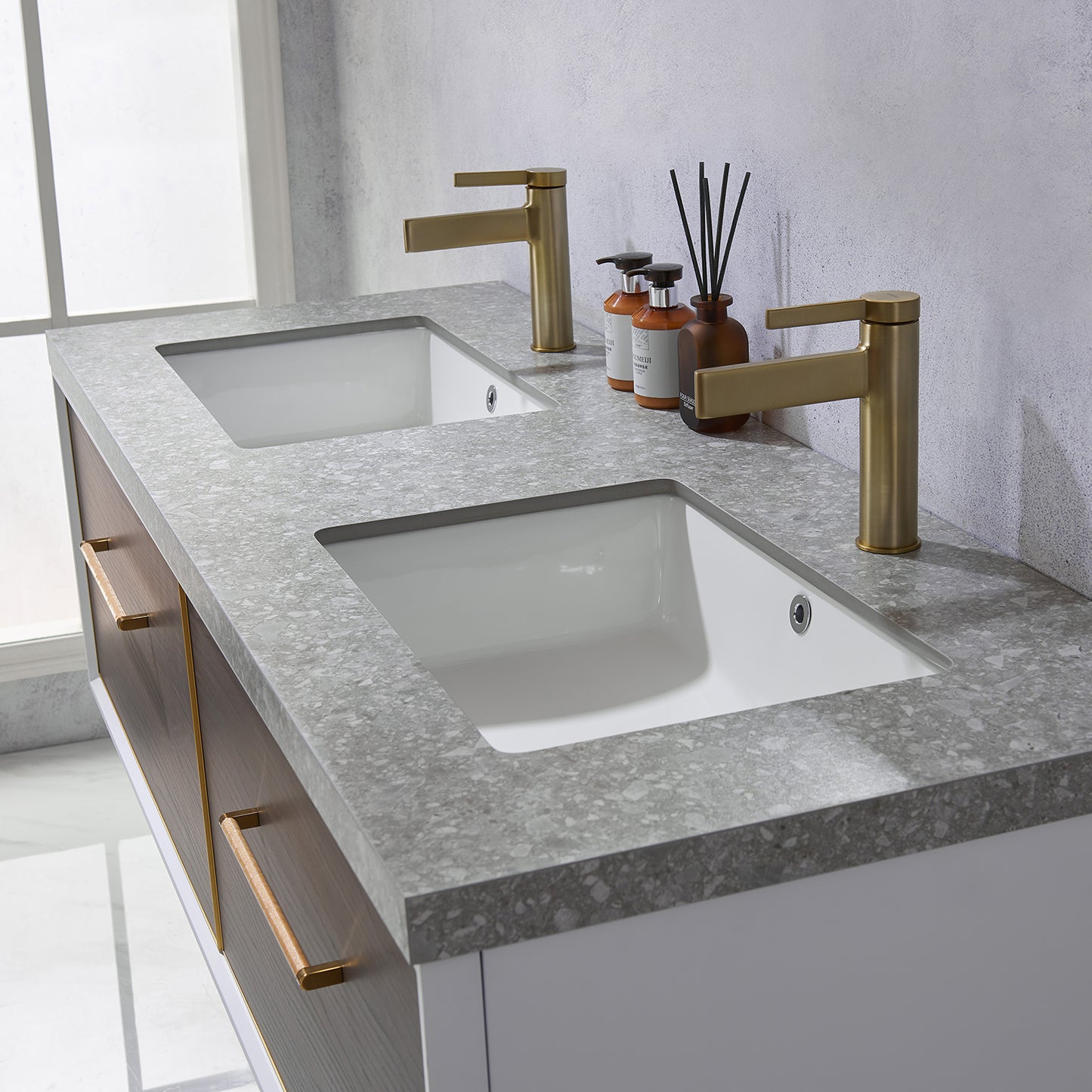 Caparroso 60" Double Sink Bath Vanity in Dark Walnut  with Grey Sintered Stone Top