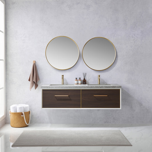 Caparroso 60" Double Sink Bath Vanity in Dark Walnut with Grey Sintered Stone Top and Mirror