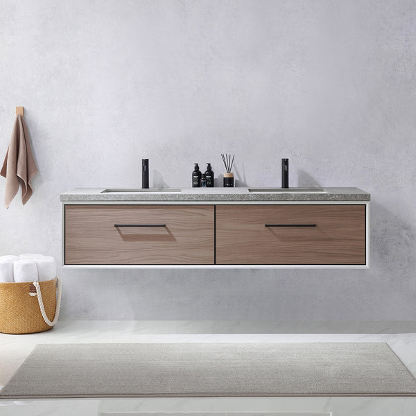 Caparroso 72 Double Sink Bath Vanity in Light Walnut with Grey Sintered Stone Top