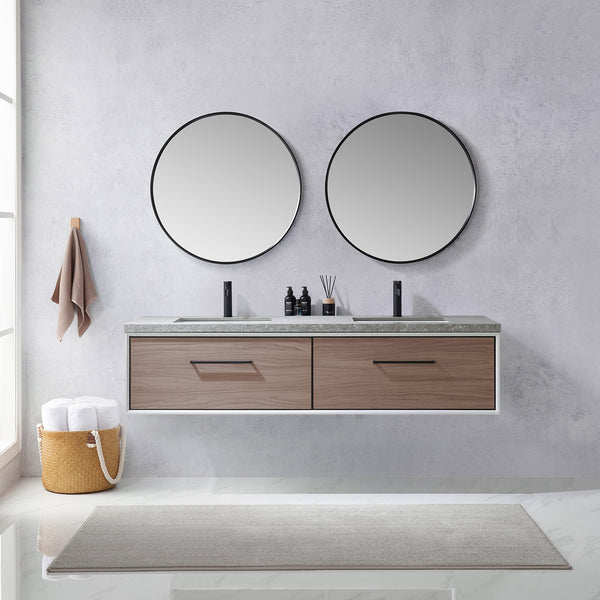 Caparroso 72 Double Sink Bath Vanity in Light Walnut with Grey Sintered Stone Top and Mirror