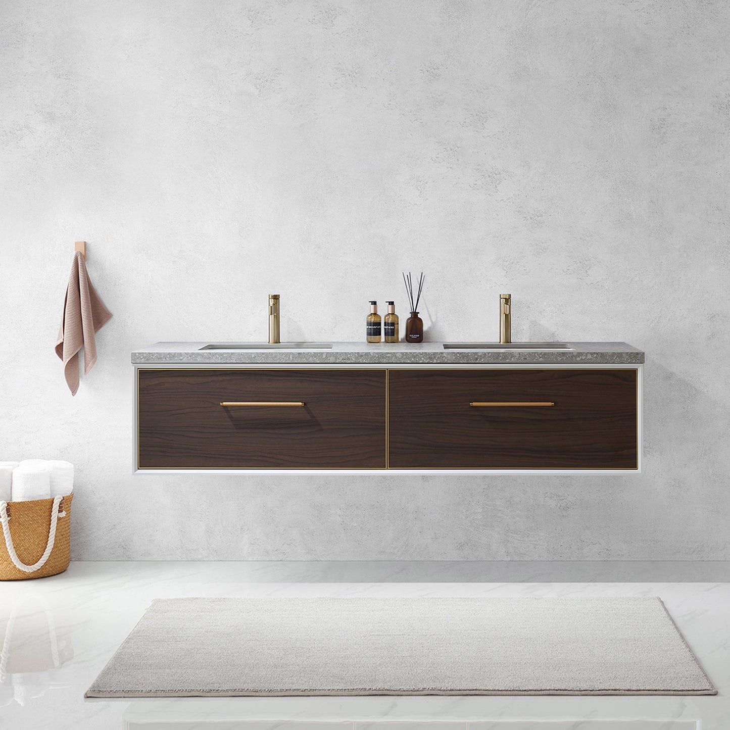 Caparroso 72" Double Sink Bath Vanity in Dark Walnut  with Grey Sintered Stone Top