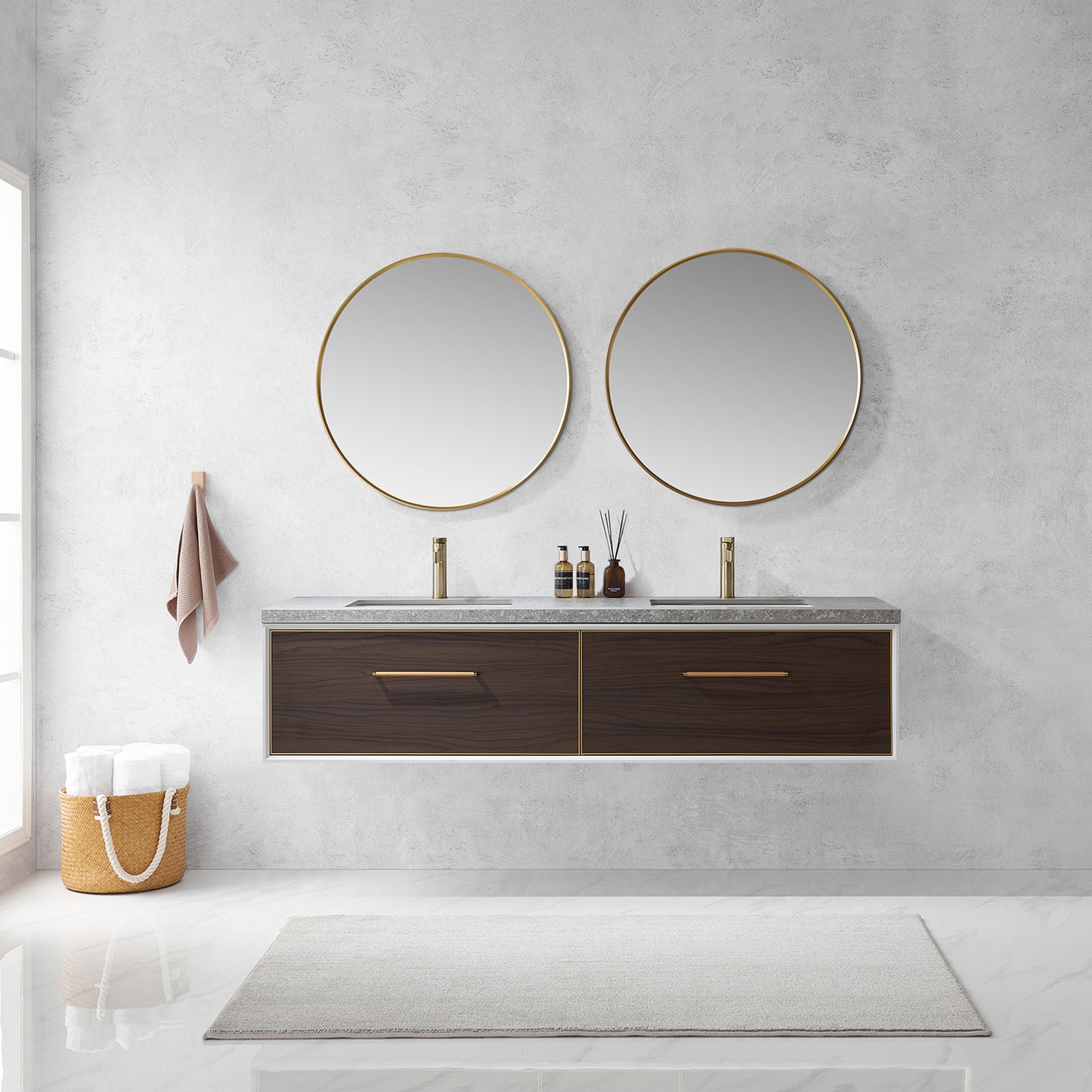 Caparroso 72" Double Sink Bath Vanity in Dark Walnut with Grey Sintered Stone Top and Mirror