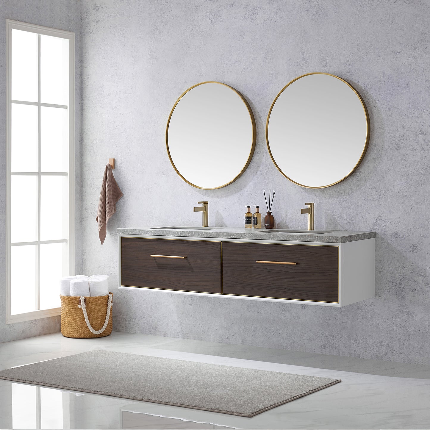 Caparroso 72" Double Sink Bath Vanity in Dark Walnut with Grey Sintered Stone Top and Mirror