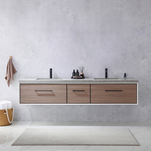 Caparroso 84 Double Sink Bath Vanity in Light Walnut with Grey Sintered Stone Top