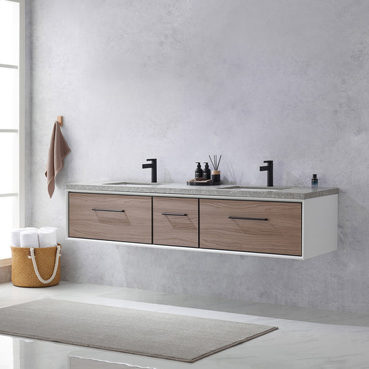 Caparroso 84" Double Sink Bath Vanity in Light Walnut with Grey Sintered Stone Top