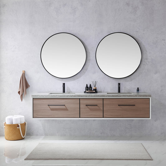 Caparroso 84" Double Sink Bath Vanity in Light Walnut with Grey Sintered Stone Top and Mirror