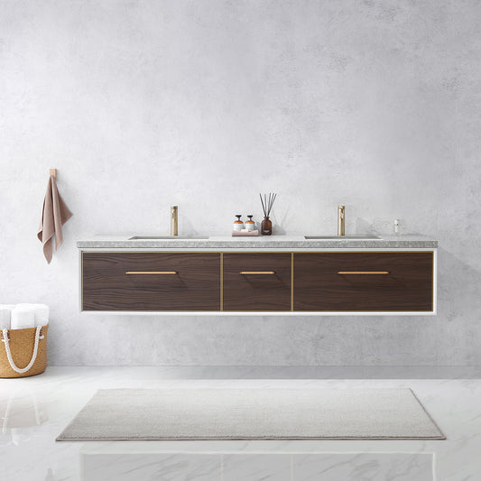 Caparroso 84" Double Sink Bath Vanity in Dark Walnut  with Grey Sintered Stone Top