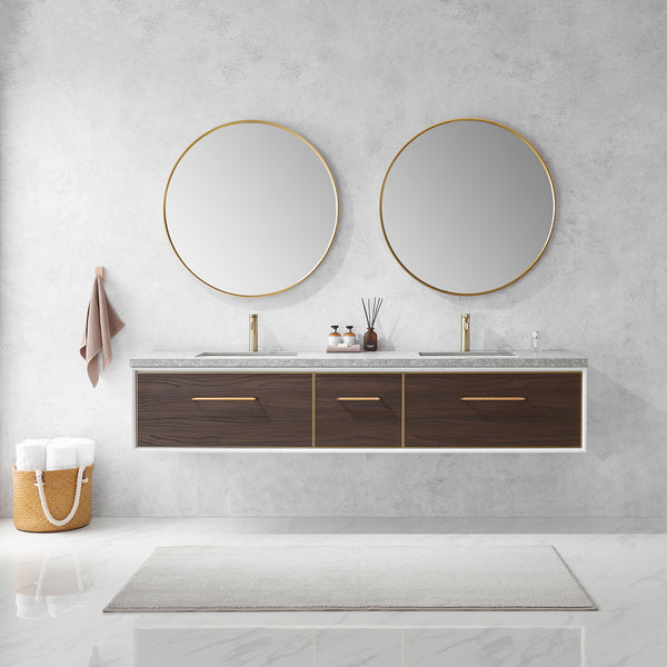 Caparroso 84 Double Sink Bath Vanity in Dark Walnut with Grey Sintered Stone Top and Mirror
