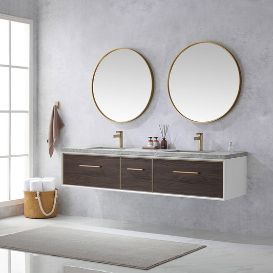Caparroso 84" Double Sink Bath Vanity in Dark Walnut with Grey Sintered Stone Top and Mirror