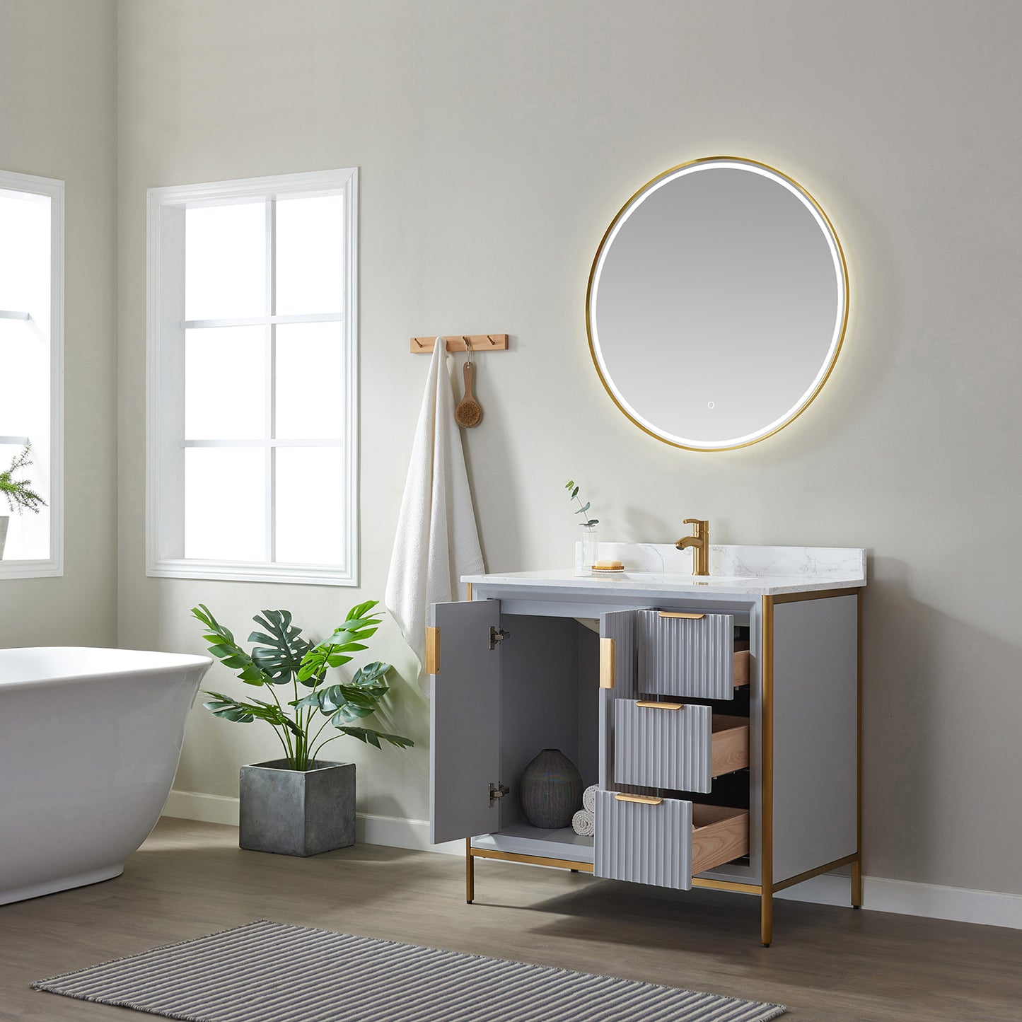 Granada 36" Vanity in Paris Grey with White Composite Grain Stone Countertop With Mirror