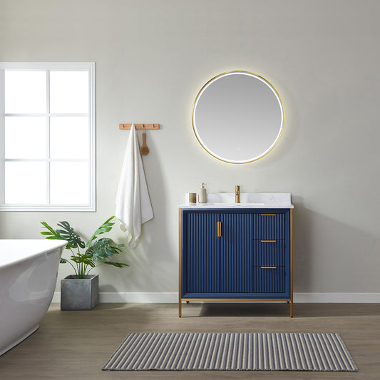 Granada 36" Vanity in Royal Blue with White Composite Grain Stone Countertop With Mirror