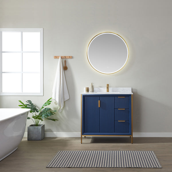 Granada 36 Vanity in Royal Blue with White Composite Grain Stone Countertop With Mirror