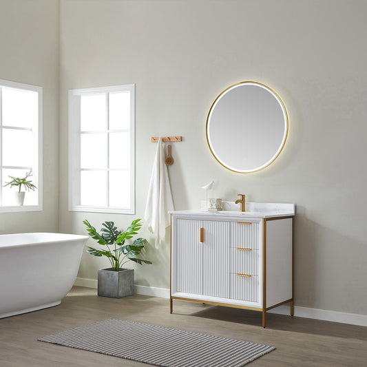 Granada 36" Vanity in White with White Composite Grain Stone Countertop With Mirror