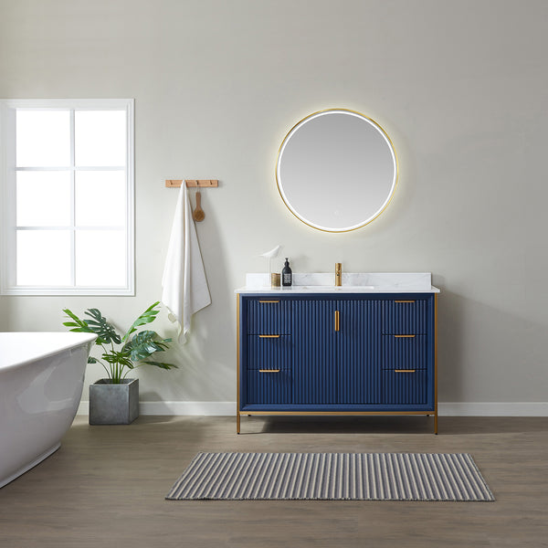 Granada 48 Vanity in Royal Blue with White Composite Grain Stone Countertop With Mirror