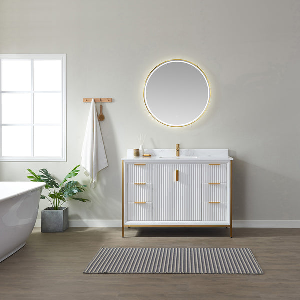 Granada 48 Vanity in White with White Composite Grain Stone Countertop With Mirror