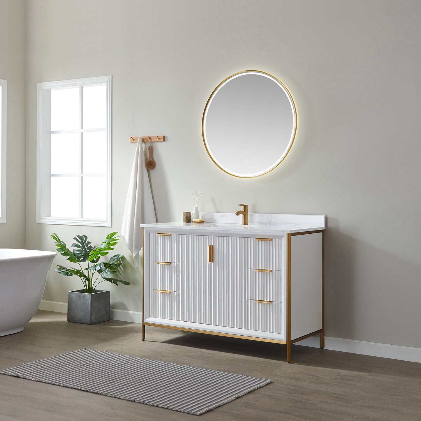 Granada 48" Vanity in White with White Composite Grain Stone Countertop With Mirror