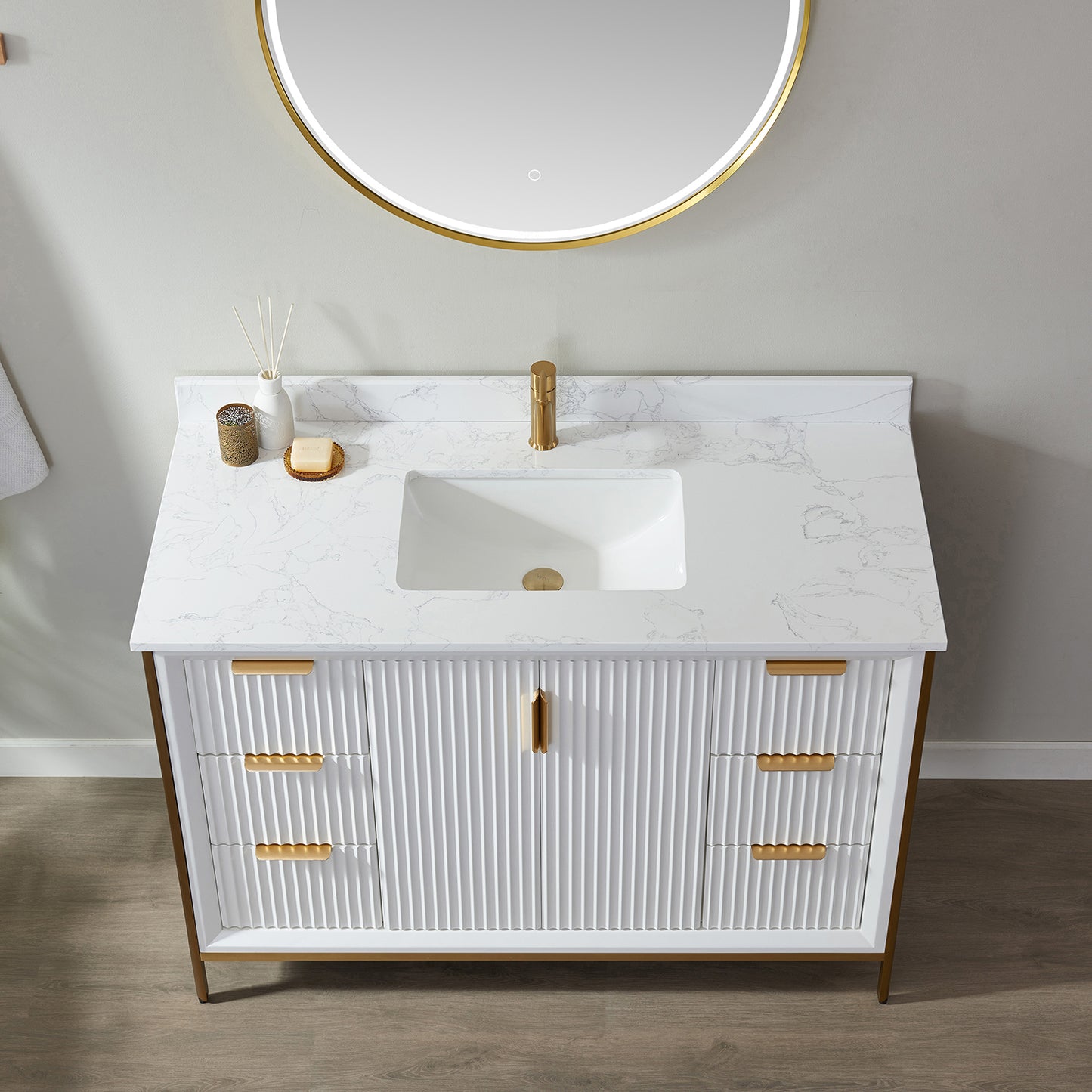 Granada 48" Vanity in White with White Composite Grain Stone Countertop With Mirror