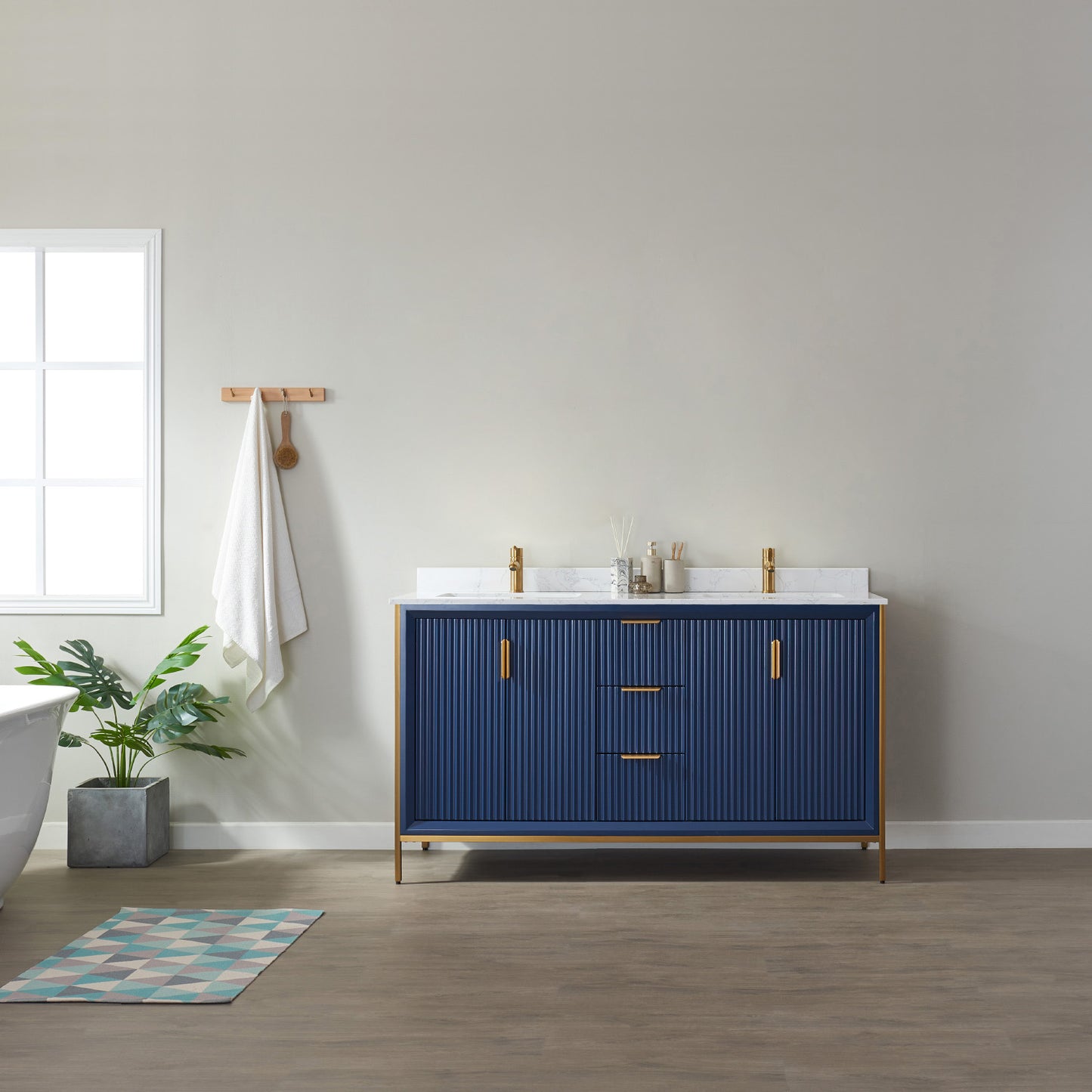 Granada 60" Vanity in Royal Blue with White Composite Grain Stone Countertop Without Mirror