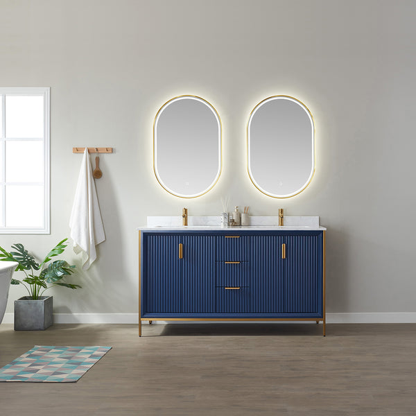 Granada 60 Vanity in Royal Blue with White Composite Grain Stone Countertop With Mirror
