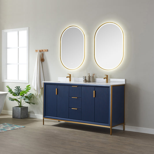Granada 60" Vanity in Royal Blue with White Composite Grain Stone Countertop With Mirror