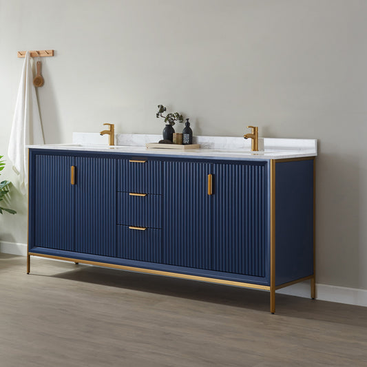 Granada 72" Vanity in Royal Blue with White Composite Grain Stone Countertop Without Mirror