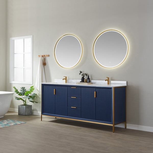 Granada 72 Vanity in Royal Blue with White Composite Grain Stone Countertop With Mirror