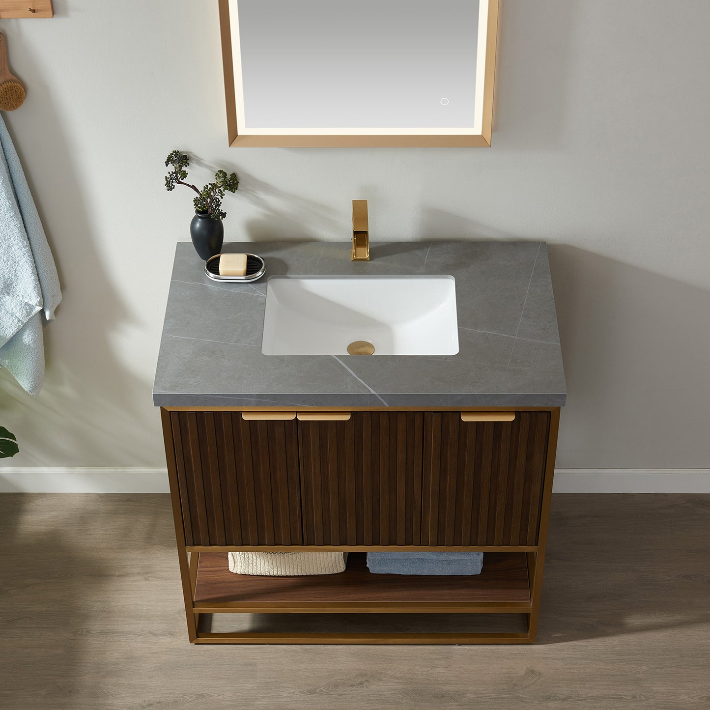 Donostia 36" Vanity in Walnut with Grey Composite Armani limestone board stone countertop With Mirror