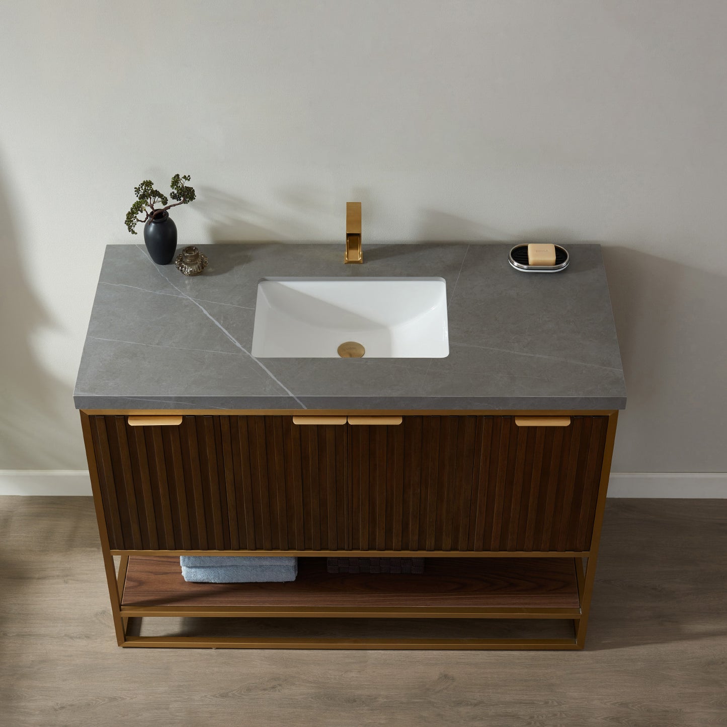 Donostia 48" Vanity in Walnut with Grey Composite Armani limestone board stone countertop Without Mirror