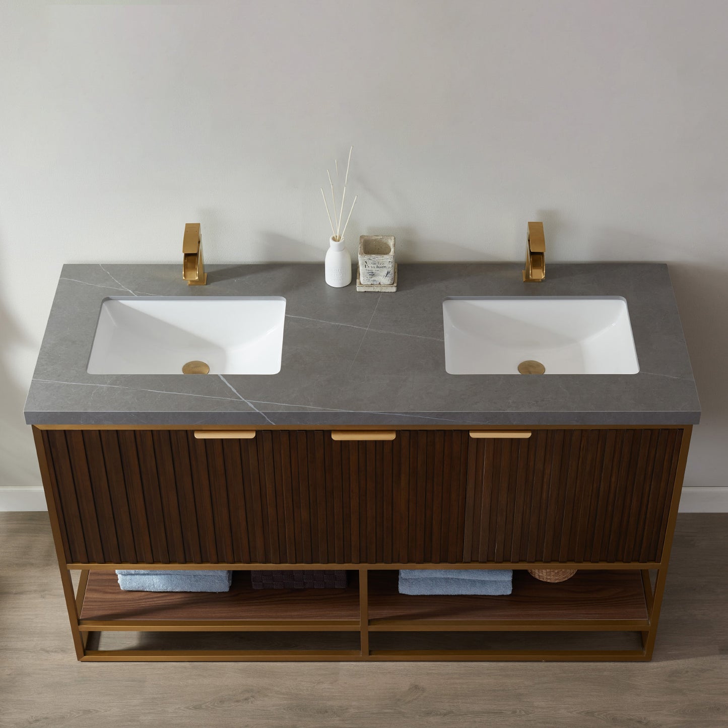 Donostia 60" Vanity in Walnut with Grey Composite Armani limestone board stone countertop Without Mirror