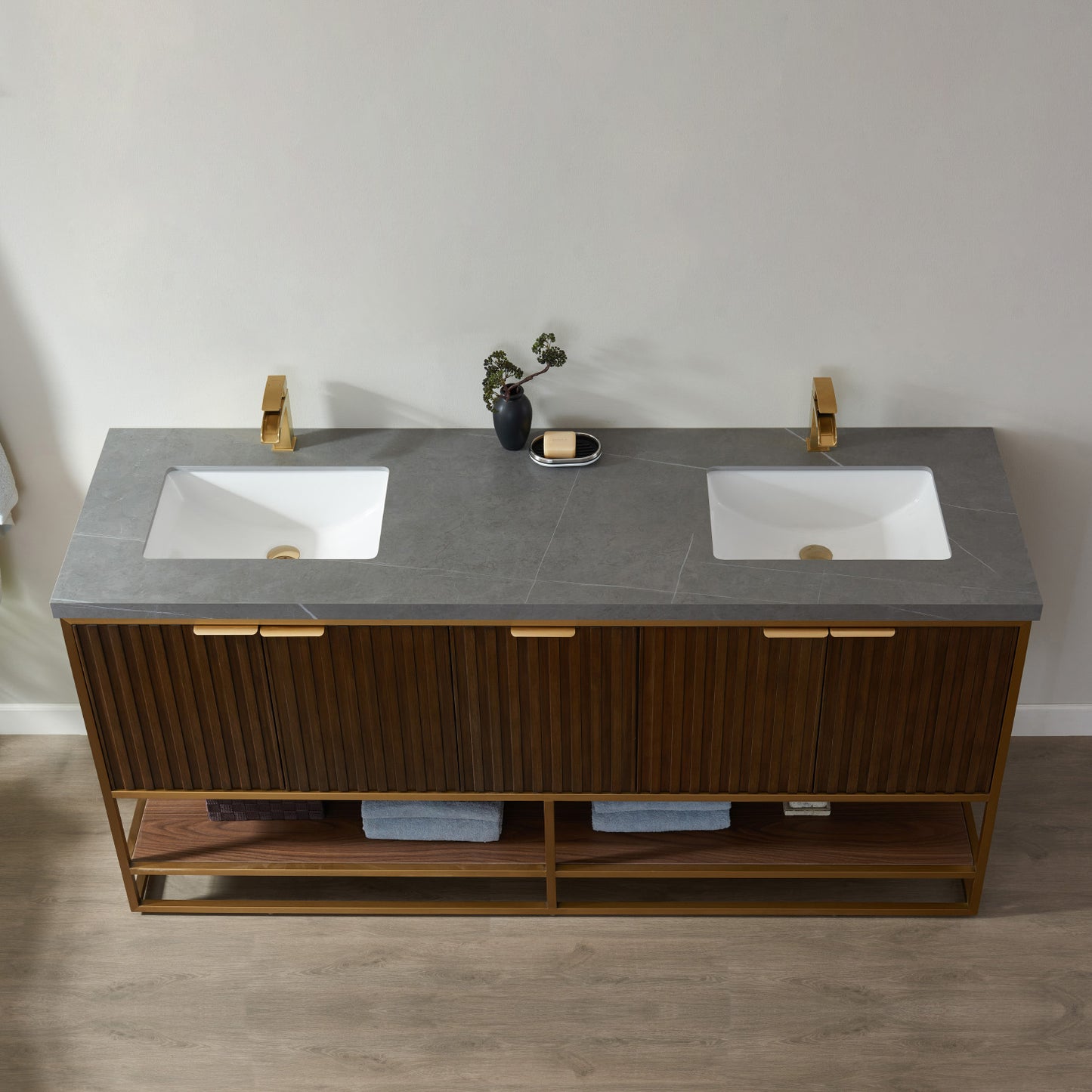 Donostia 72" Vanity in Walnut with Grey Composite Armani limestone board stone countertop Without Mirror
