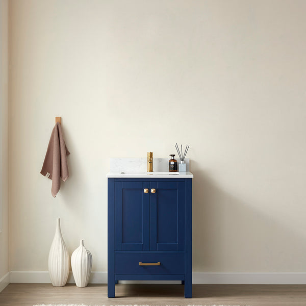 Shannon 24 Single Vanity in Royal Blue and Composite Carrara White Stone Countertop