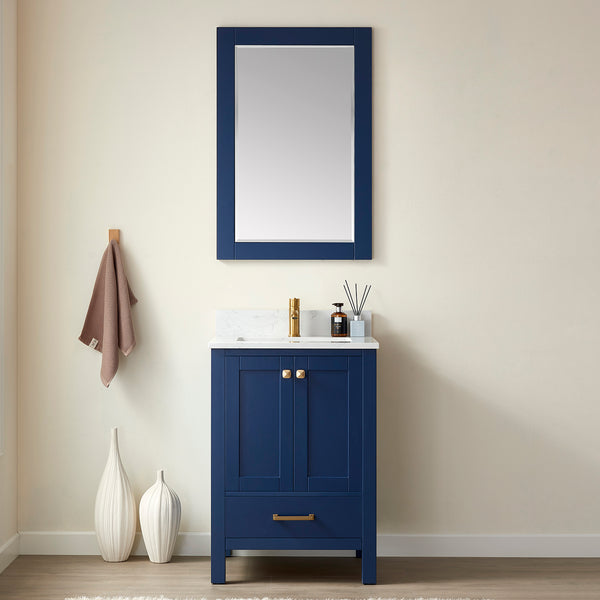 Shannon 24 Single Vanity in Royal Blue and Composite Carrara White Stone Countertop and Mirror