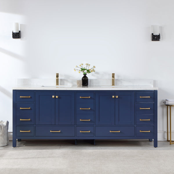 Shannon 84 Double Vanity in Royal Blue and Composite Carrara White Stone Countertop