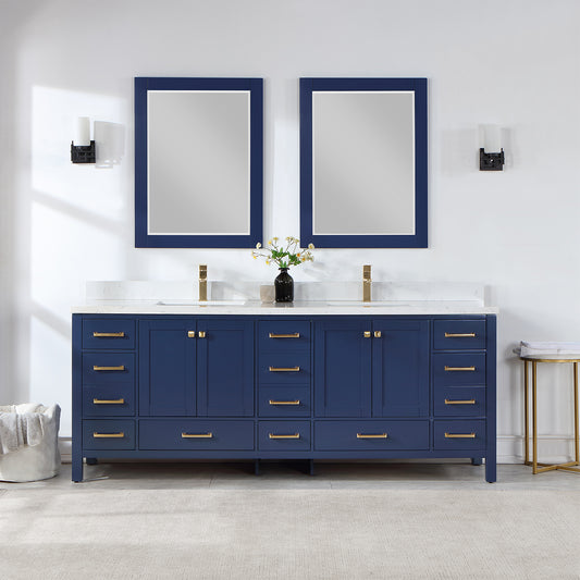 Shannon 84" Double Vanity in Royal Blue and Composite Carrara White Stone Countertop and Mirror