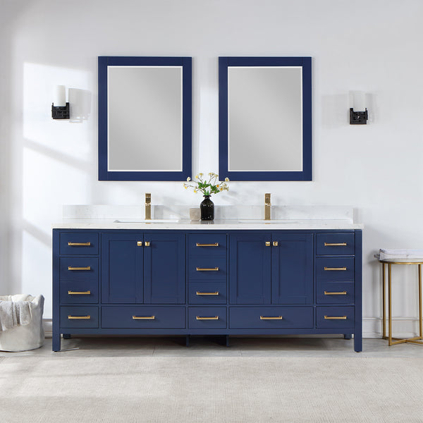 Shannon 84 Double Vanity in Royal Blue and Composite Carrara White Stone Countertop and Mirror