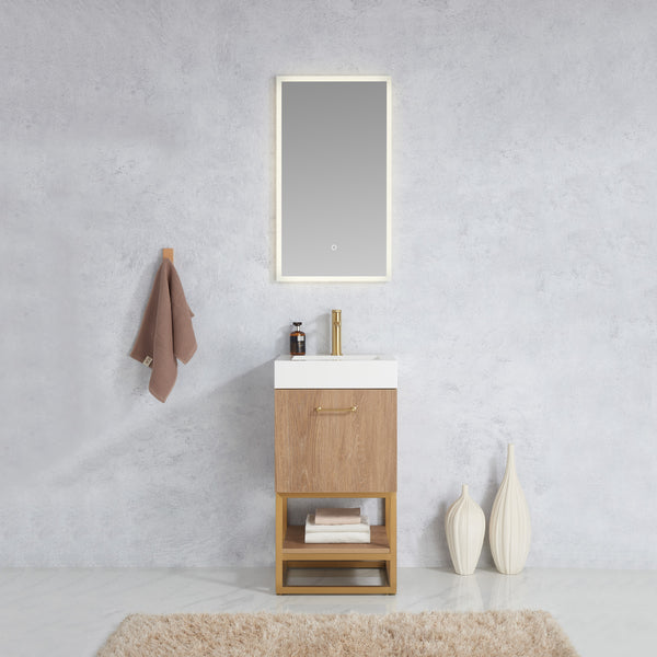Alistair 18 Single Sink Bath Vanity in North American Oak with Whole Artificial Stone Basin Top and Mirror