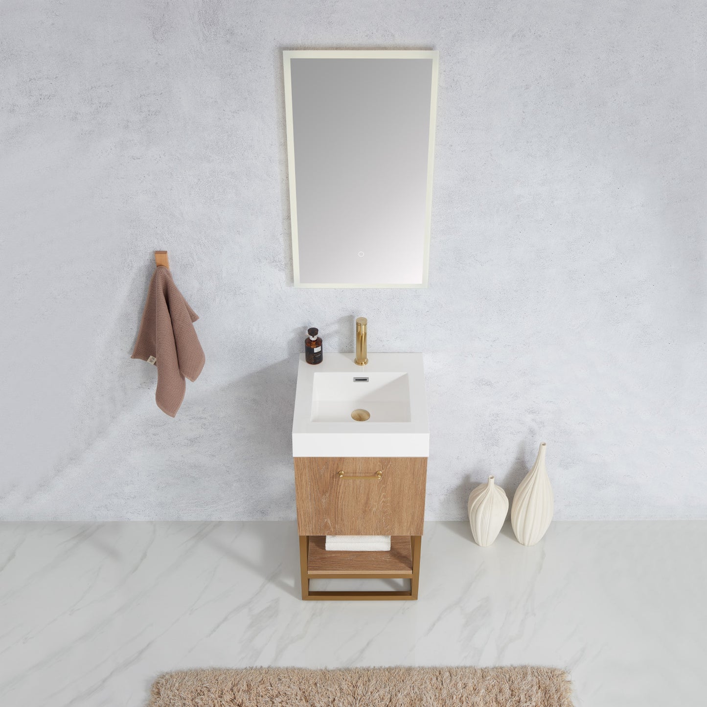 Alistair 18" Single Sink Bath Vanity in North American Oak with Whole Artificial Stone Basin Top and Mirror