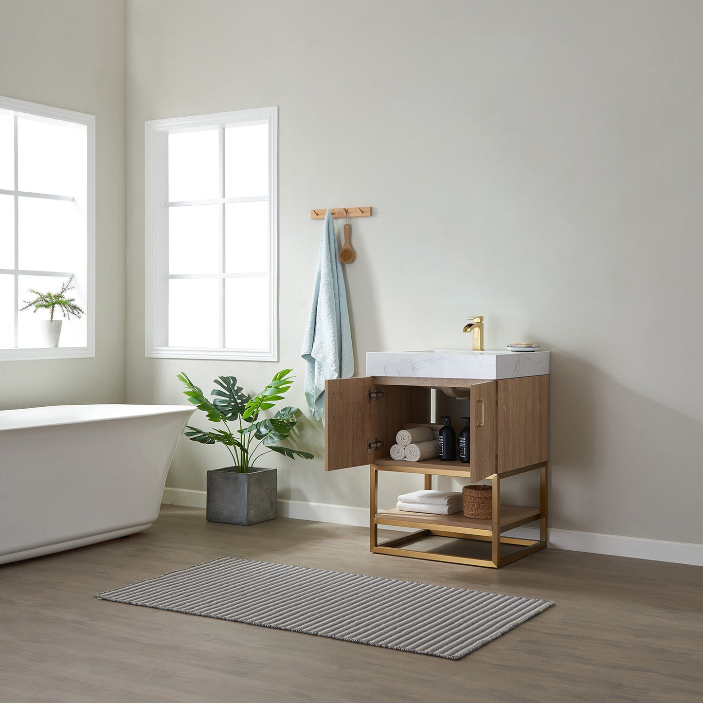 Alistair 24" Single Vanity in North American Oak with White Grain Stone Countertop Without Mirror