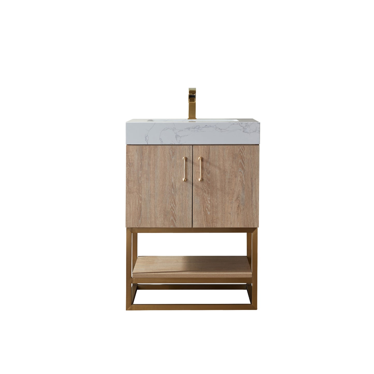 Alistair 24" Single Vanity in North American Oak with White Grain Stone Countertop Without Mirror