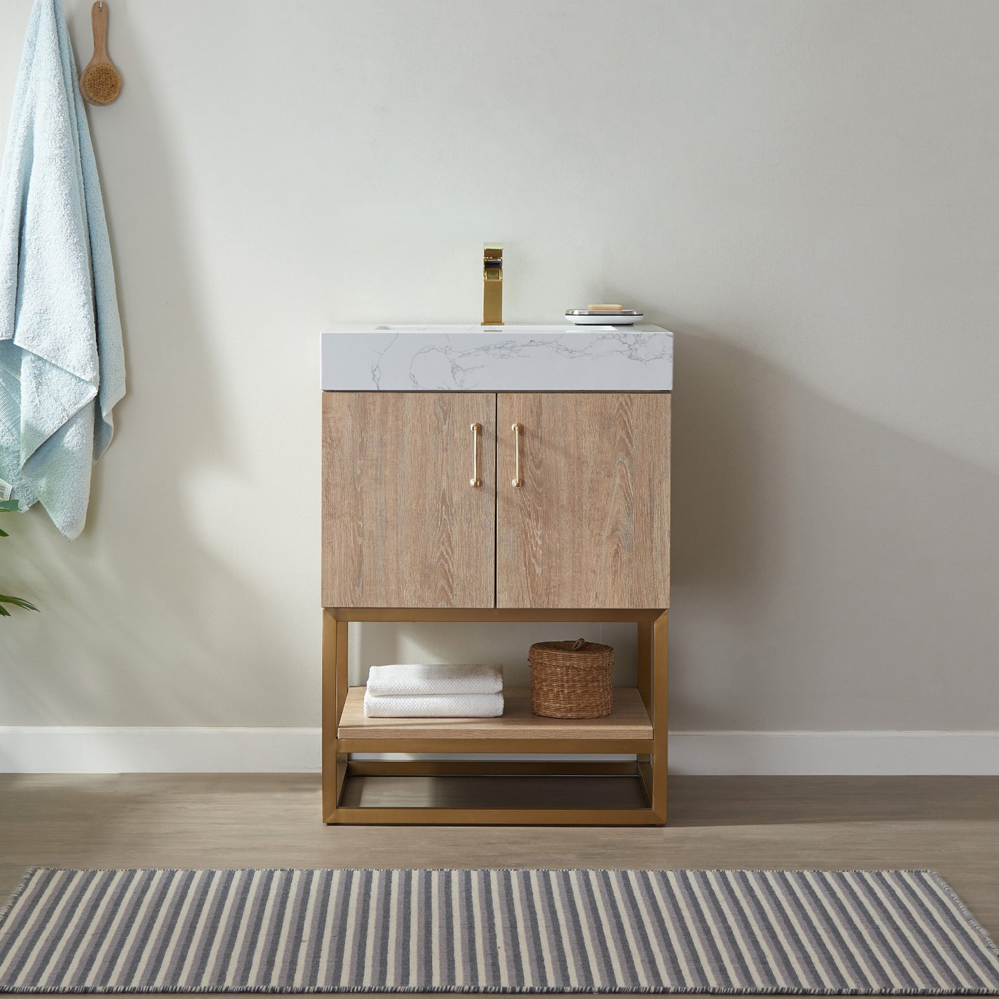 Alistair 24" Single Vanity in North American Oak with White Grain Stone Countertop Without Mirror