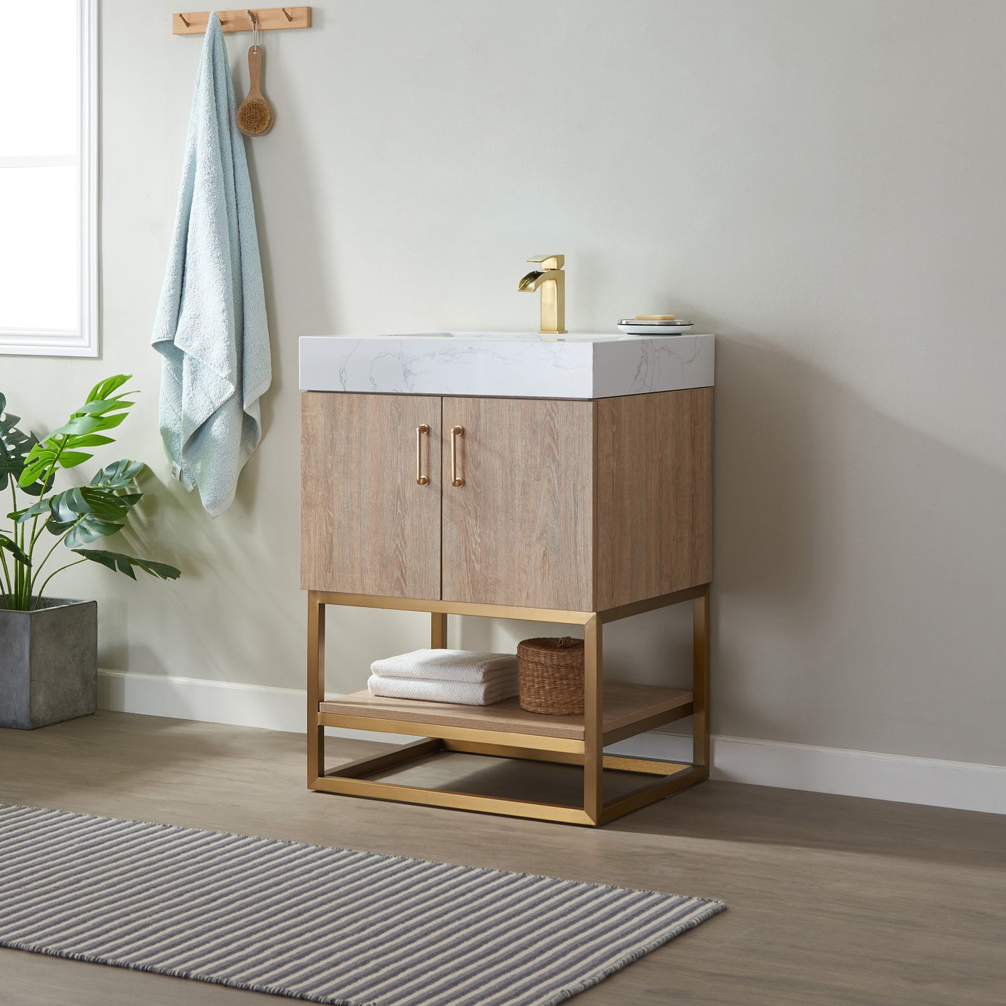 Alistair 24" Single Vanity in North American Oak with White Grain Stone Countertop Without Mirror