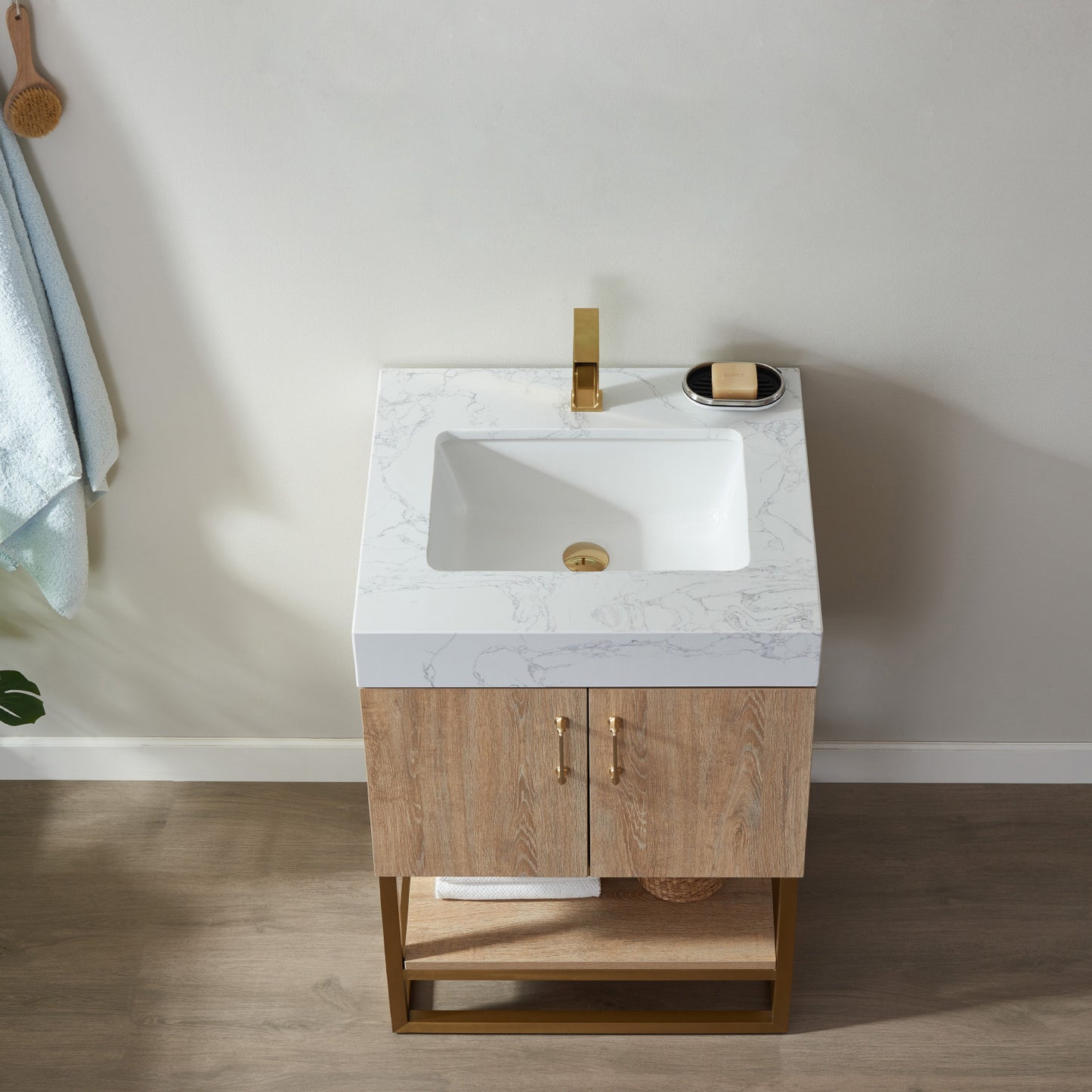 Alistair 24" Single Vanity in North American Oak with White Grain Stone Countertop Without Mirror