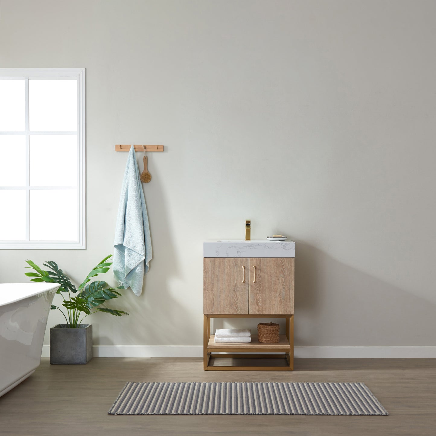 Alistair 24" Single Vanity in North American Oak with White Grain Stone Countertop Without Mirror