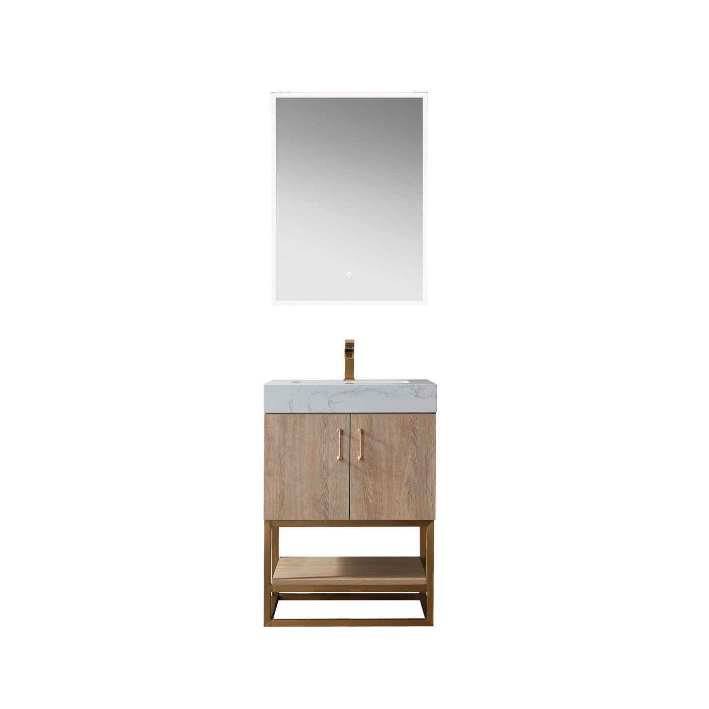 Alistair 24" Single Vanity in North American Oak with White Grain Stone Countertop With Mirror