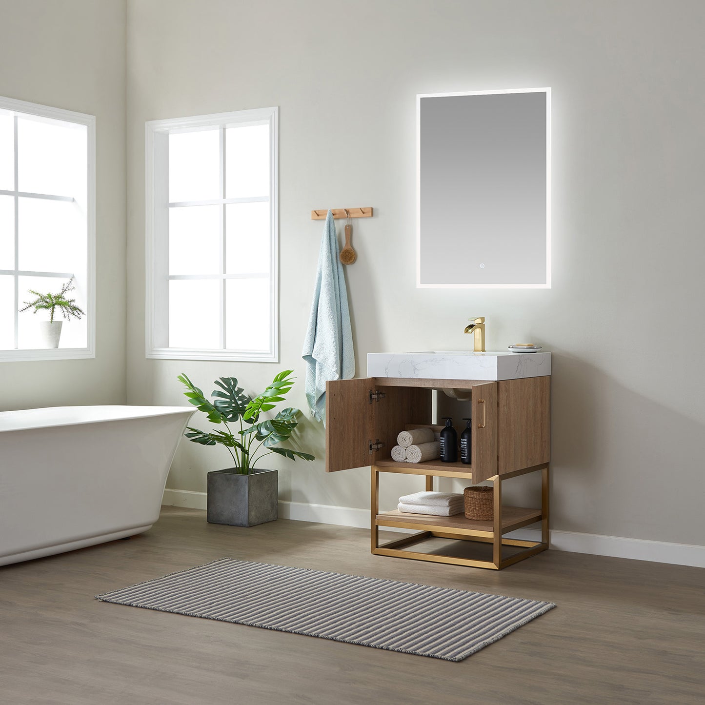 Alistair 24" Single Vanity in North American Oak with White Grain Stone Countertop With Mirror