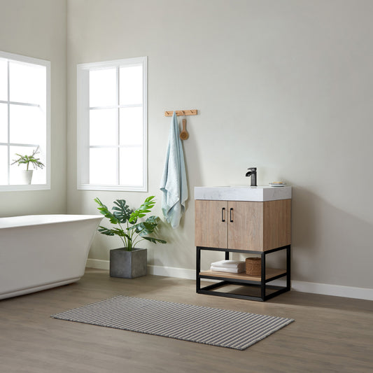 Alistair 24B" Single Vanity in North American Oak with White Grain Stone Countertop Without Mirror